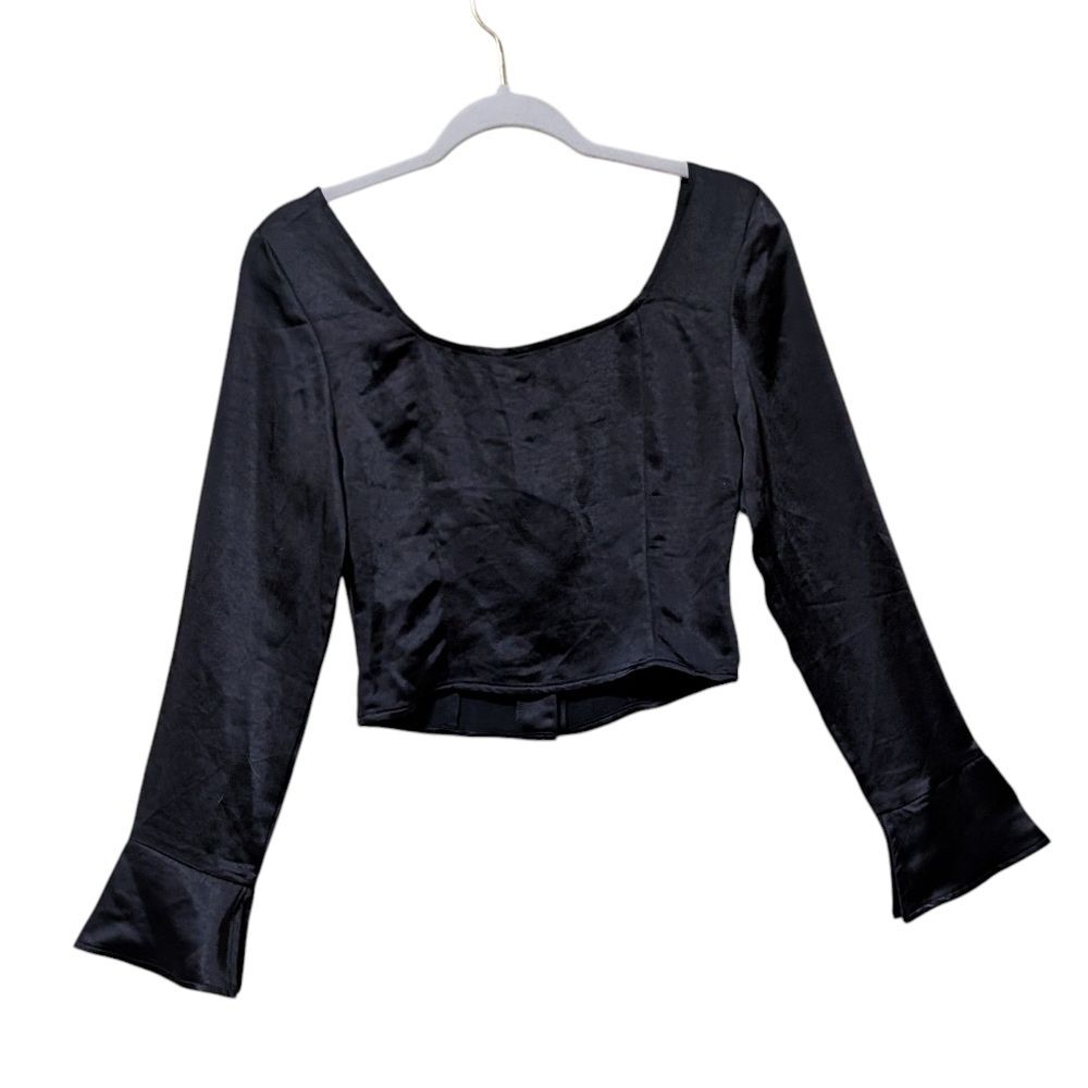 NWT Princess Polly Watch me long sleeve black crop top satin twee Coquette 4 - Picture 7 of 8